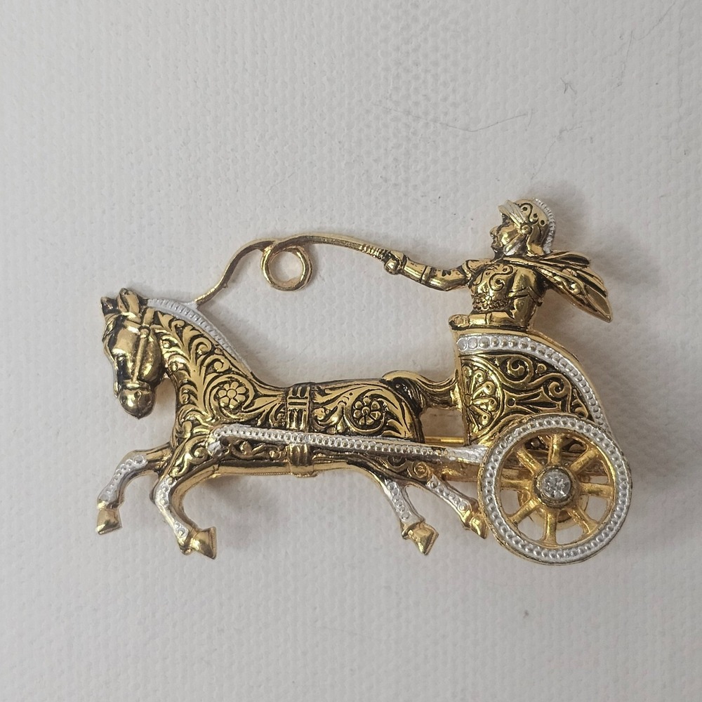 Spain Gladiator Riding Chariot Brooch Gold Tone Vintage Pin Clear Rhinestone